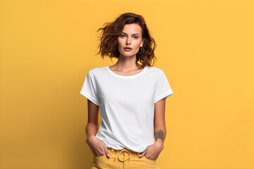 A woman wearing white tshirt mockup, at pink background. Design tshirt mock-up, print presentation mock-up. AI generated. - obrazy, fototapety, plakaty