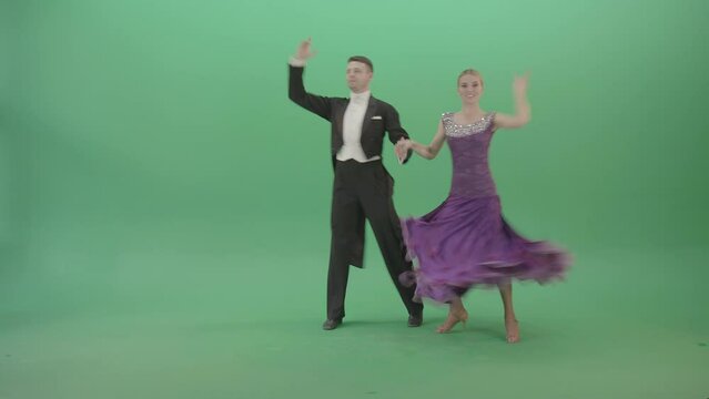 Quickstep Dance Couple Purple Dress Raised Arm Green Screen 4K