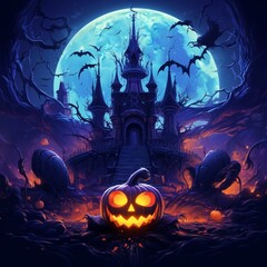 Fototapeta premium Halloween background spooky night with evil pumpkin