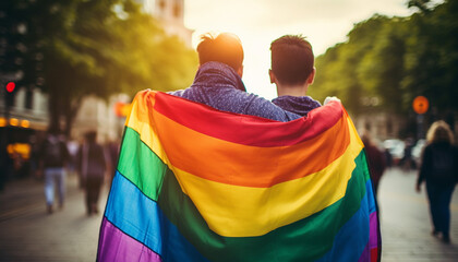 Happy Photograph of LGBT Couples Posed with the LGBT Flag  (Generated with AI)