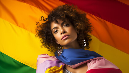 Portrait of a Beautiful Curly-Haired Brunette LGBT Woman Posed with the LGBT Flag (Generated with AI)