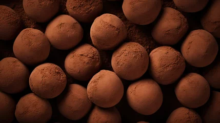 Foto op Aluminium Chocolate truffles background, top view. Sweet cocoa candy. Generative AI © AngrySun
