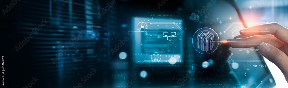 Poster person using digital tablet and fingerprint scanning to unlock and access to personal data network. 