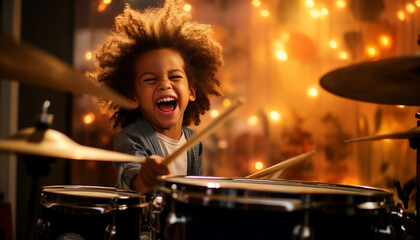 Snapshot of a Happy Young Black Child Playing the Drums  (Generated with AI)