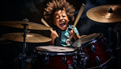 Obraz na płótnie Canvas Snapshot of a Happy Young Black Child Playing the Drums (Generated with AI)