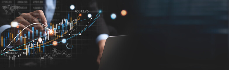 Data analysis, financial report and investment. Businessman analyzing financial data graph growth...