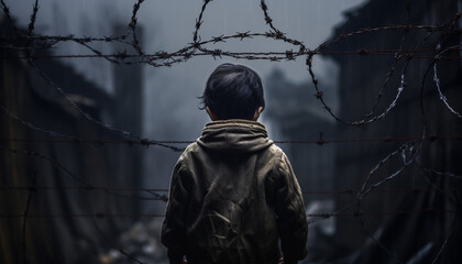Poignant Photograph of a Young Refugee Child Behind Barriers (Generated with AI) - obrazy, fototapety, plakaty