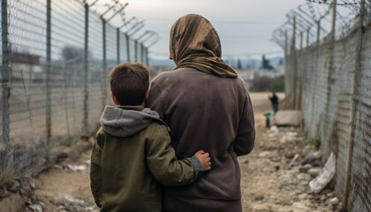 Heartrending Image of a Syrian Child and Mother Amidst Barriers  (Generated with AI)