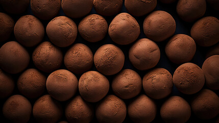 Chocolate truffles background, top view. Sweet cocoa candy. Generative AI