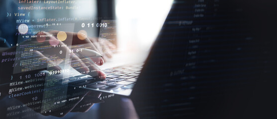 Software development concept, digital technology. Coding programmer, software engineer working on laptop with javascript computer code on virtual screen, internet of things IoT, mobile app develop