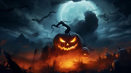 Fotobehang Halloween background spooky night with evil pumpkin © Irfan Hameed