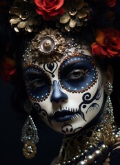 A Woman Adorned in Sugar Skull Makeup Poses Against a Dark Background.