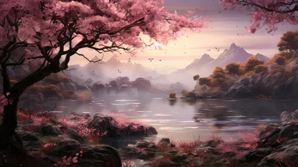 Foto op Plexiglas Beautiful 3D Nature and landscape wallpaper, Japanese Park with Cherry Blossom Tree © loran4a