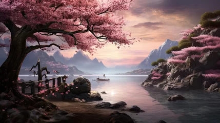 Foto op Canvas Beautiful 3D Nature and landscape wallpaper, Japanese Park with Cherry Blossom Tree © loran4a