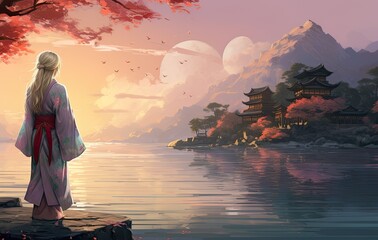 japanese Anime illustration of a girl stay near the river