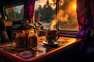 Cup of hot coffee in camper van interior. Caravan camping concept. Generative AI