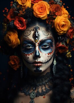 Mesmerizing Skull Makeup Artistry on Display During a Joyful Day of the Dead Fiesta.