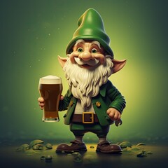 St. Patricks Day Gnome with Green Beer, in the style of photo