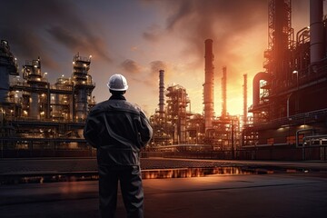 man engineer in hard hat at sunset in the refinery.