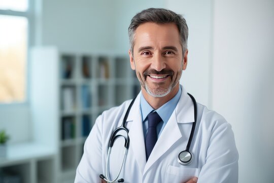 Portrait of a confident smiling doctor with stethoscope at hospital high quality photo