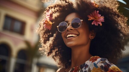 young latina woman with afro hair and sunglasses while walking in a city, in the style of joyful celebration of nature, wimmelbilder