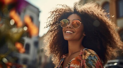 young latina woman with afro hair and sunglasses while walking in a city, in the style of joyful celebration of nature, wimmelbilder