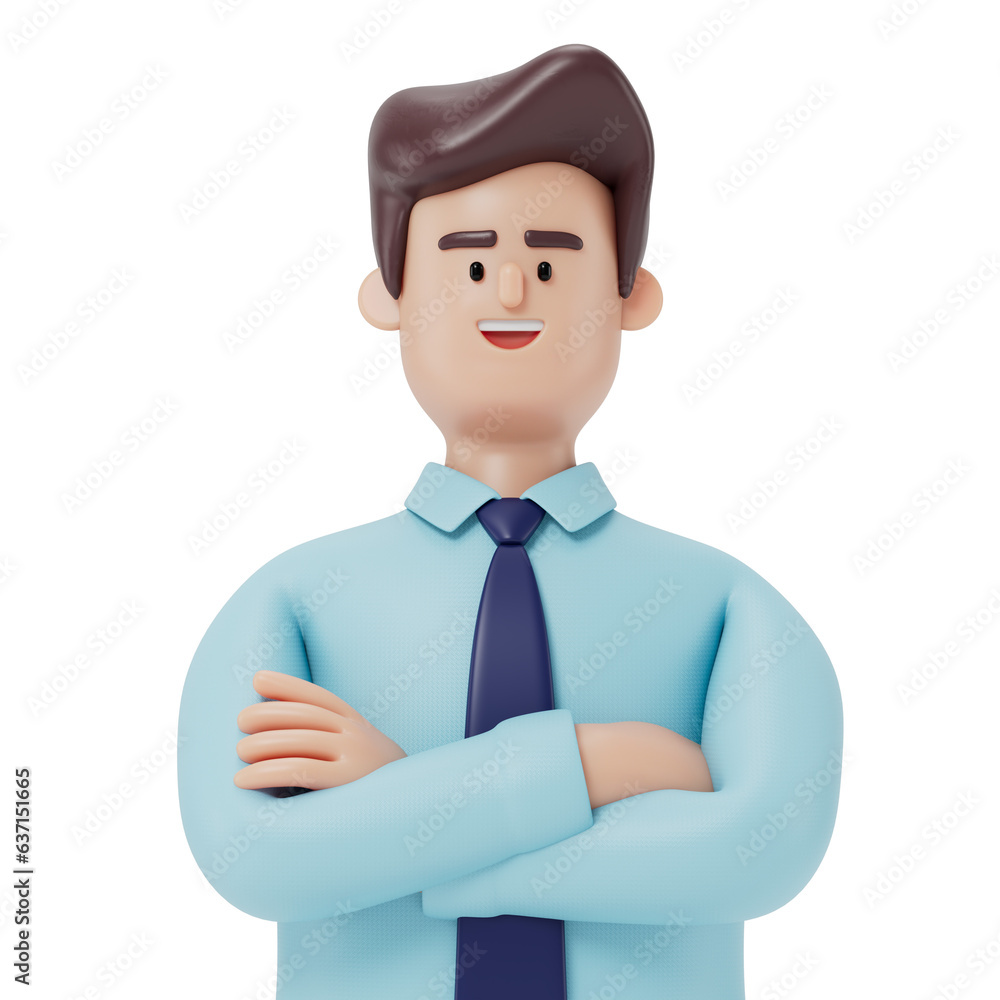 Poster a 3d cartoon character with arms crossed. 3d rendering,conceptual image, isolated on white backgroun