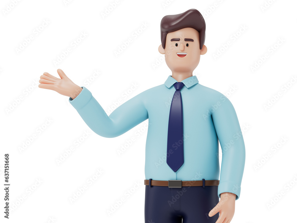 Poster a 3d cartoon character standing and showing hand at direction. 3d rendering,conceptual image, isolat