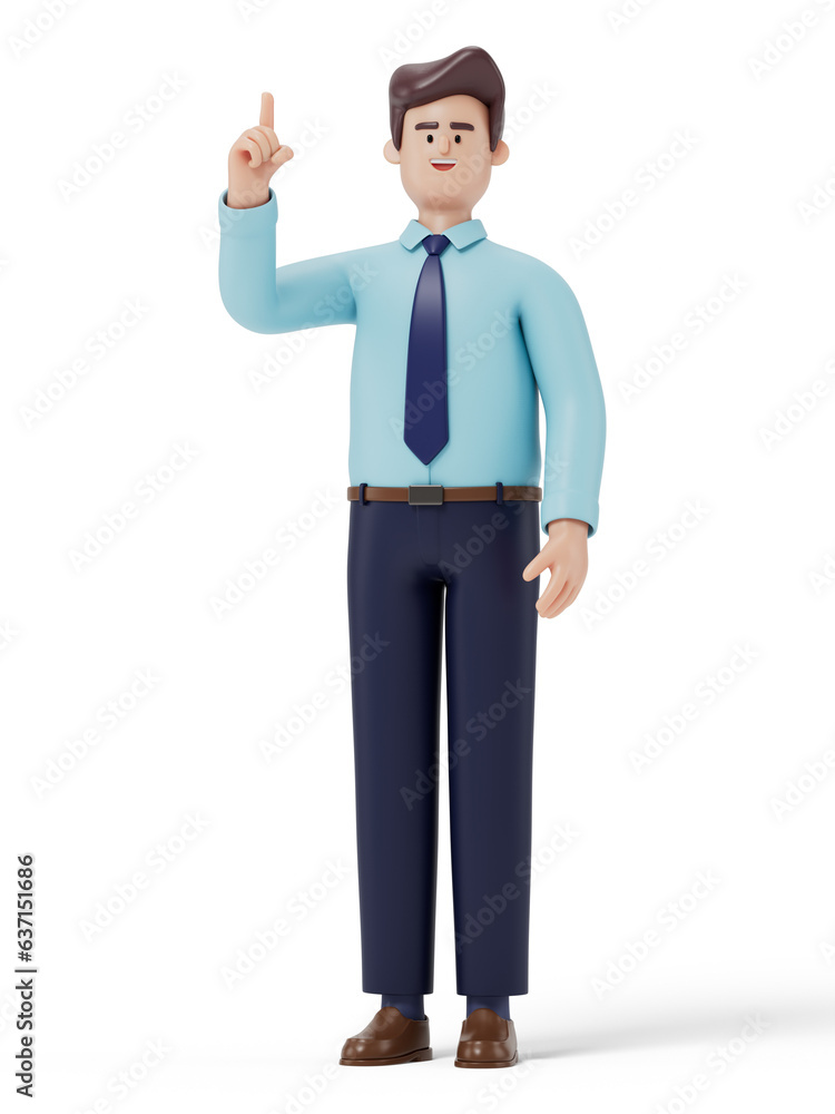 Poster a 3d cartoon character standing and showing hand at direction,with index finger up gesture, 3d rende