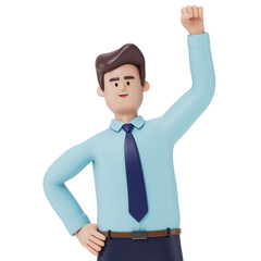 A 3D cartoon character raising his a hand, celebrating success, happy and success concept, 3d rendering,conceptual image, isolated on white background.