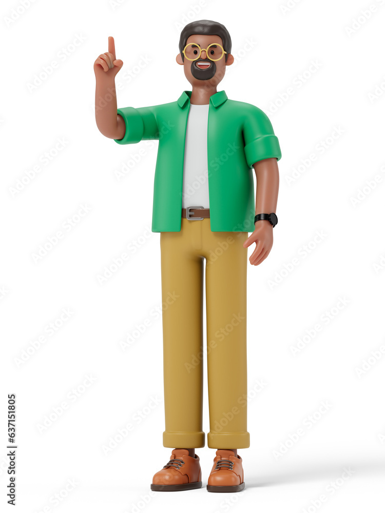 Poster a 3d cartoon character standing and showing hand at direction,with index finger up gesture, 3d rende