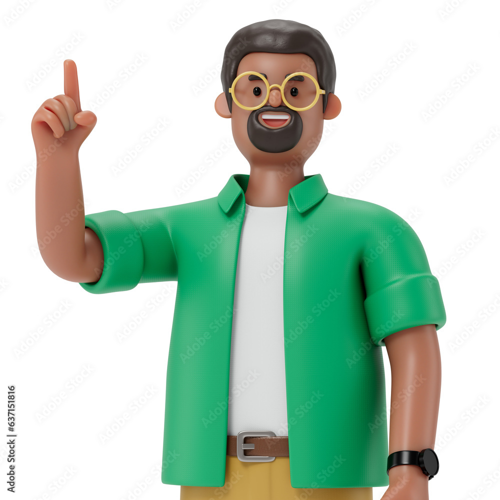 Poster a 3d cartoon character standing and showing hand at direction,with index finger up gesture, 3d rende