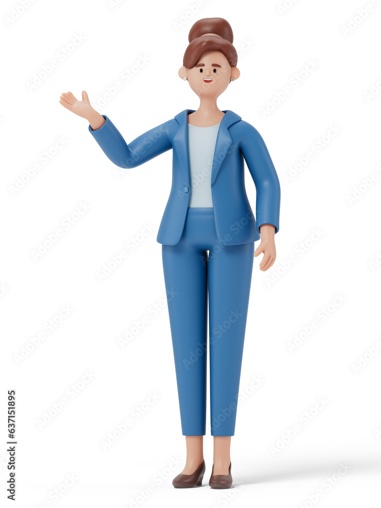 Poster a 3d cartoon character standing and showing hand at direction. 3d rendering,conceptual image, isolat
