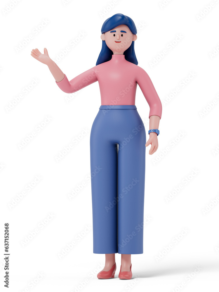 Poster a 3d cartoon character standing and showing hand at direction. 3d rendering,conceptual image, isolat