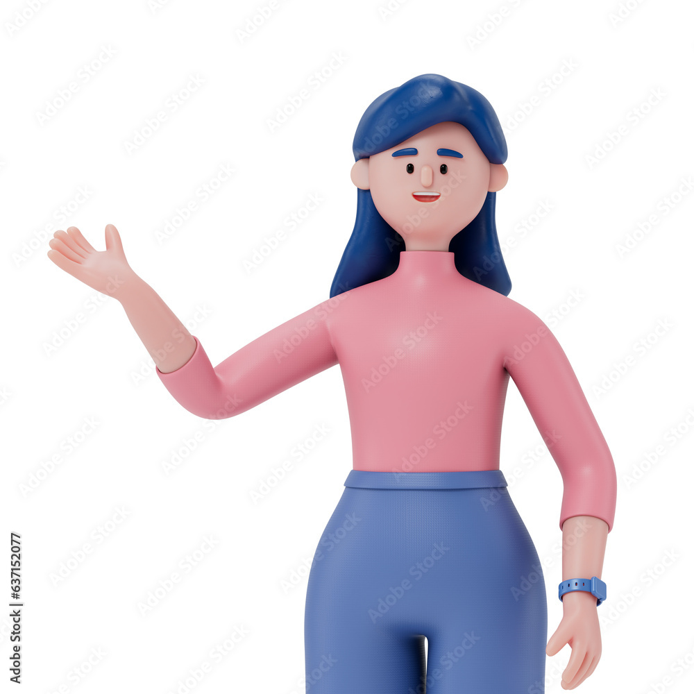 Poster a 3d cartoon character standing and showing hand at direction. 3d rendering,conceptual image, isolat