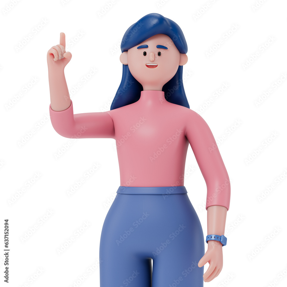 Poster a 3d cartoon character standing and showing hand at direction,with index finger up gesture, 3d rende