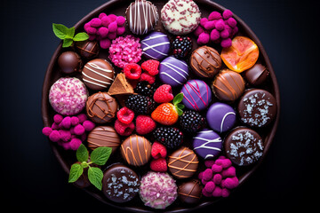 Assorted chocolates and marshmallows on a pink background. Copy space. Chocolate with berries and mint on wooden background. Selective focus. Generative AI