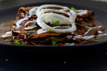 Enmoladas. Mexican Cuisine. Chicken Enchiladas Cooked in Mole Poblano Sauce.