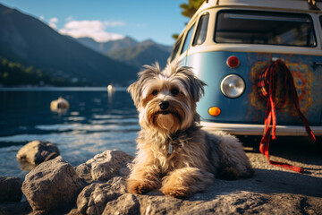 yorkshire terrier in the mountains. Cute Maltese dog sitting on a rock next to a blue car, camper. Camping in the Alps mountains. vacation scene. Generative AI.