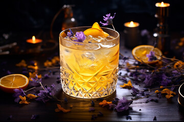 Cocktail with orange, lavender and ice on a black background. Food concept. Alcoholic drinks. Celebration, party and holiday. Generative AI