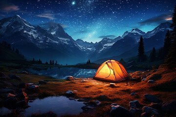 camping in the mountains. Tourist tent in the mountains at night with starry sky. Travel concept. Generative AI