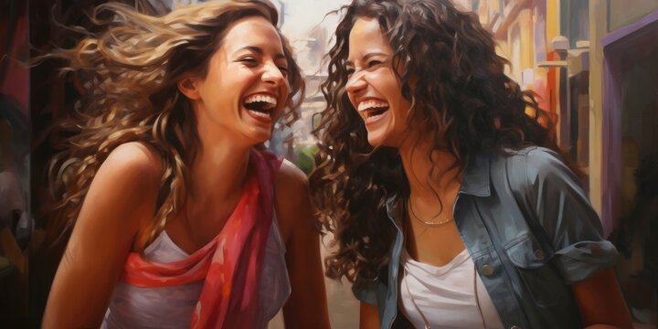 painting of happy girls laughing together, generative AI