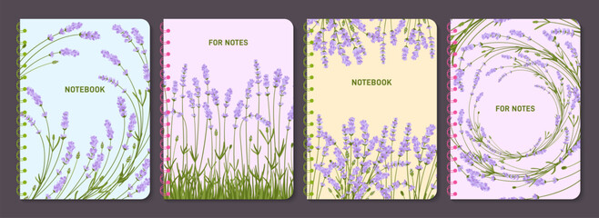 Lavender flowers branch trendy notebook cover set. Notepad with rustic lavender greenery. Herbal elegant design for planner, brochure, book, catalog. Decorative layout page print template poster