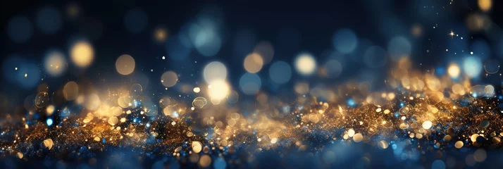 Fotobehang Festive celebration holiday christmas, new year, new year's eve background banner template - Abstract glitter waves bokeh lights texture . dark blue. © arhendrix
