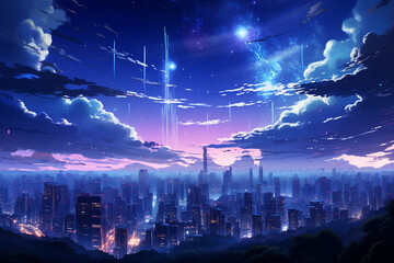 Fototapeta premium panorama of the city. Futuristic city in the night with lightning, 3d render. Generative AI