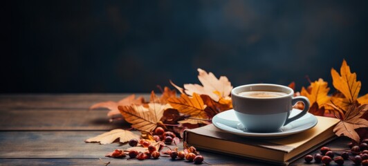 Naklejka na ściany i meble Open book and coffee on a cozy table fall still life with copy space, autumn relaxing reading moment