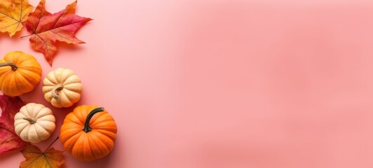 Vibrant autumn pumpkins and leaves on a pink background, perfect for fall celebrations and seasonal themes