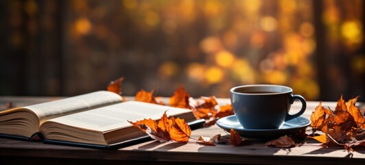 Cozy autumn ambiance: An open book and a cup of steaming coffee on a wooden table surrounded by colorful fall leaves - Powered by Adobe