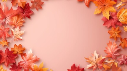 Vibrant autumn leaves frame, in pastel pink background. Seasonal discount sale fall border banner design template 