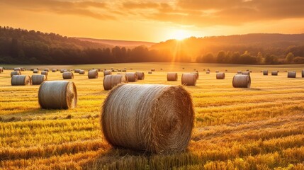 Sunset over a golden field dotted with hay bales, casting a warm light on the rural landscape, embodying the essence of harvest time